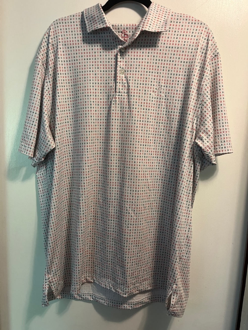 Rhoback Men's Polo in White with Green and Red Micro-Print